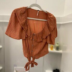 Free People Orange Puff Sleeve Ruffled Blouse